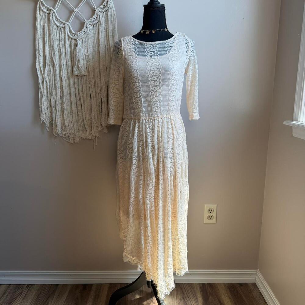 Vintage RODS Cream Lace Midi Dress Asymmetrical Boho Cottagecore L